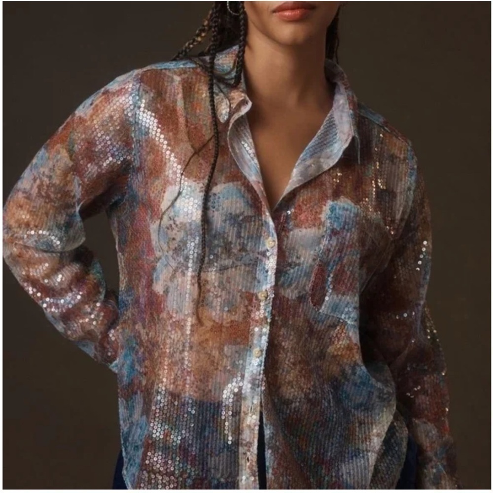 Anthropologie Pilcro Shrunken Sequin Buttondown Shirt - Picture 2 of 3